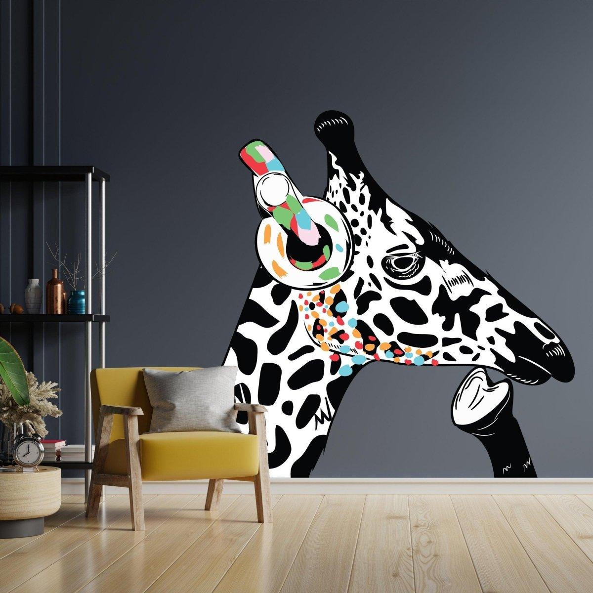 Colorful giraffe wall sticker with headphones and artistic details.