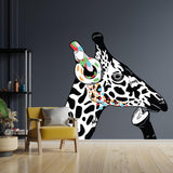 Colorful giraffe wall sticker with headphones and artistic details.