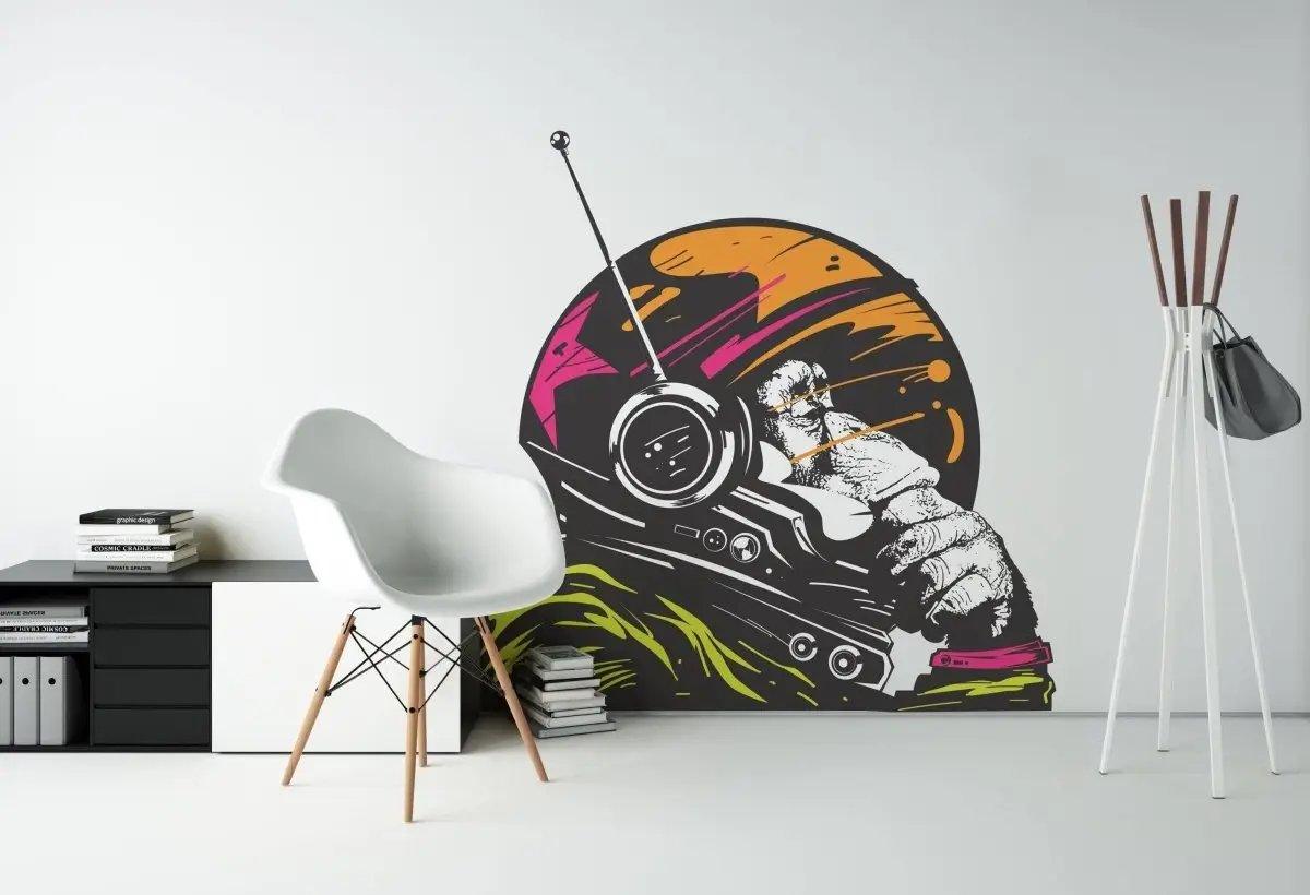 Cosmic Chimp decorative wall decal featuring an astronaut monkey on colorful background for fun room decor.
