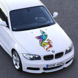 Custom vinyl car hood graphic with colorful phoenix design on a white BMW.