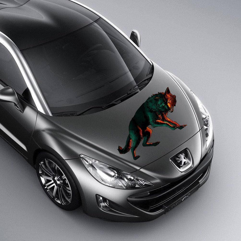 Custom Car Hood Vinyl Sticker featuring a vibrant wolf design on a sleek grey car hood.