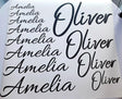 Personalized carbon fiber letter stickers displaying names Amelia and Oliver in various stylish fonts.