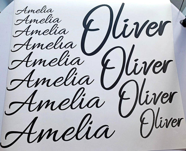 Personalized carbon fiber letter stickers displaying names Amelia and Oliver in various stylish fonts.