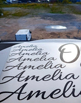 Personalized carbon fiber letter stickers featuring the name 'Amelia' in various stylish fonts.