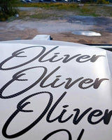 Personalized carbon fiber vinyl name decals featuring the name Oliver, showcasing stylish custom monogram design.