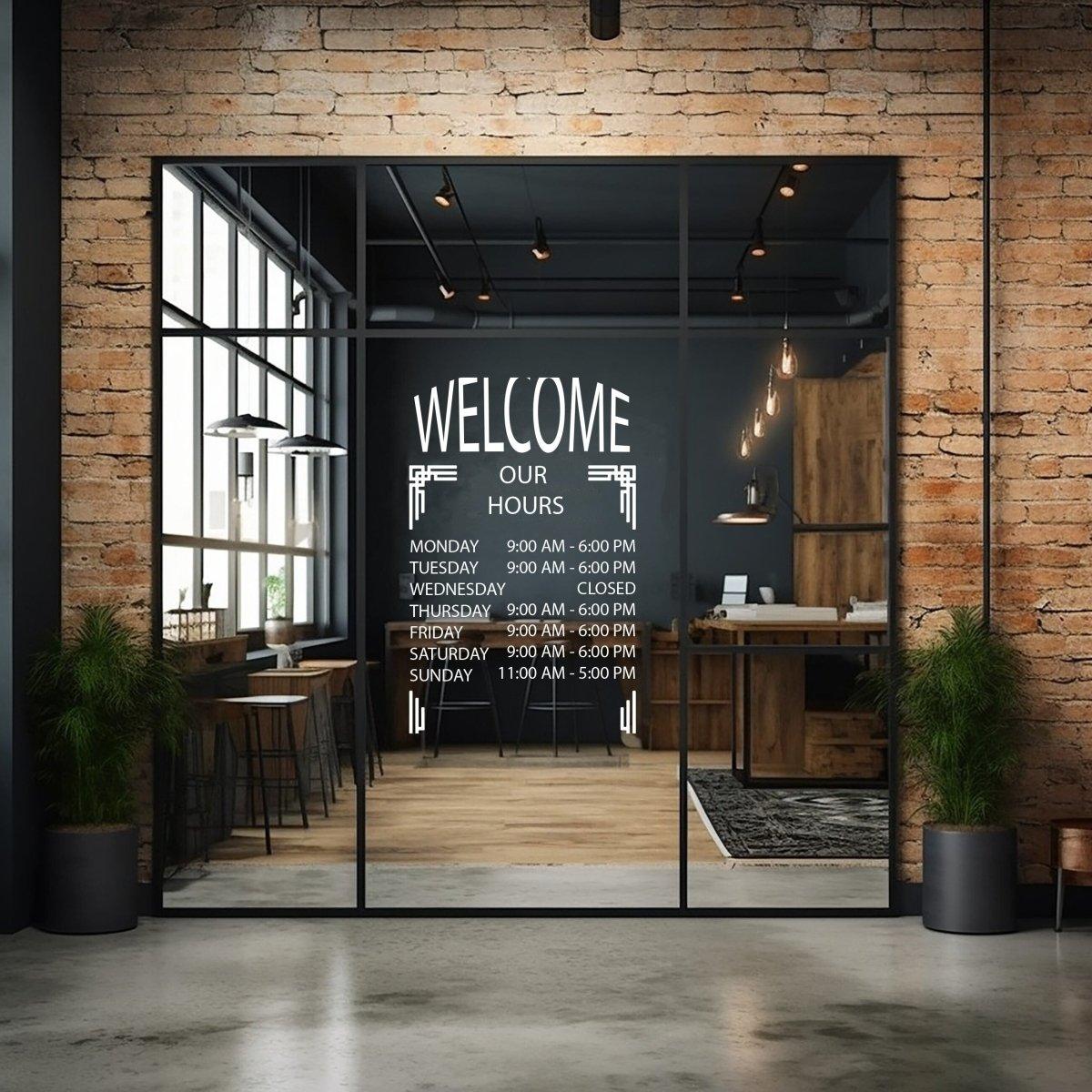 Window decal displaying store hours on a modern brick wall, enhancing storefront visibility for businesses.