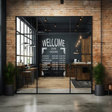 Window decal displaying store hours on a modern brick wall, enhancing storefront visibility for businesses.
