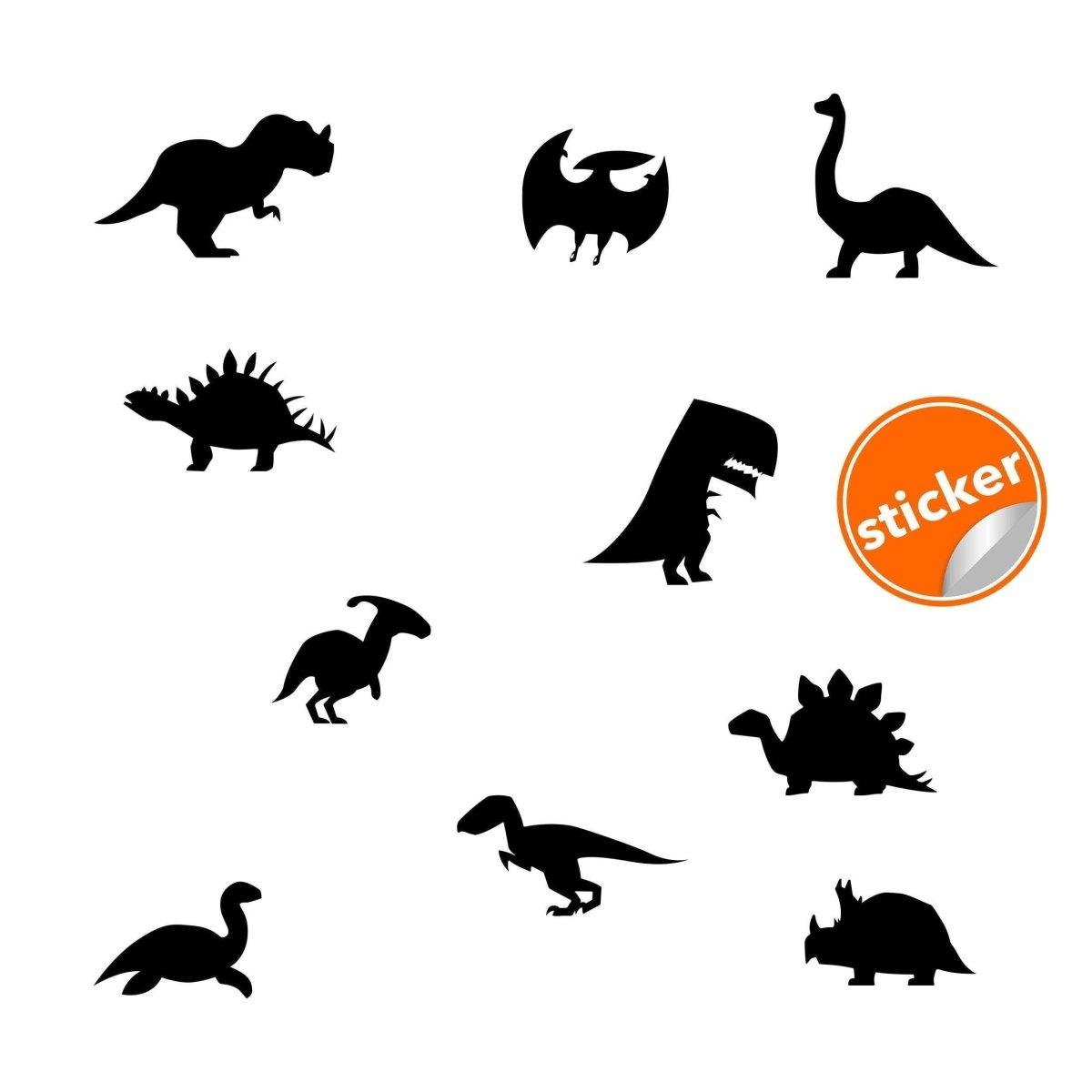 Dinosaur silhouette wall stickers collection, featuring various dinosaur shapes in black on a white background.