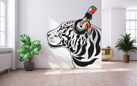 DJ tiger wall decal in vibrant colors, animal art sticker adding a cool vibe to modern home decor.
