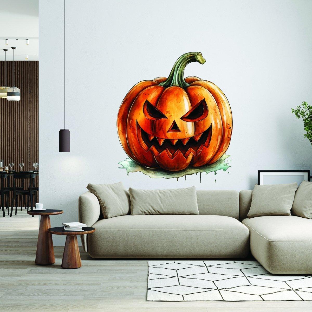 Alternate room view of the orange pumpkin face wall decal.