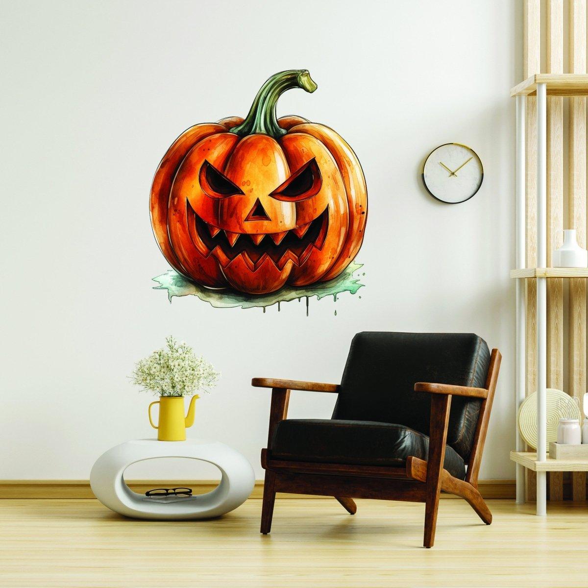 Orange pumpkin face vinyl wall decal shown in a room setting.