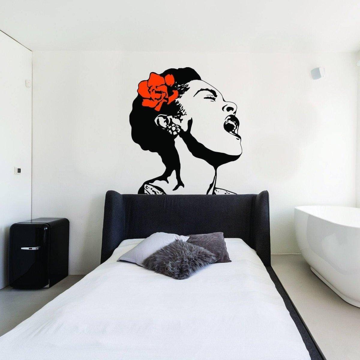 Singing woman wall decal with floral design in modern bedroom setting, elegant home decoration sticker.