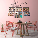 Stylish vinyl wall decal featuring photo frames and 'Sweet Memories' text on a pink wall in a modern dining room.