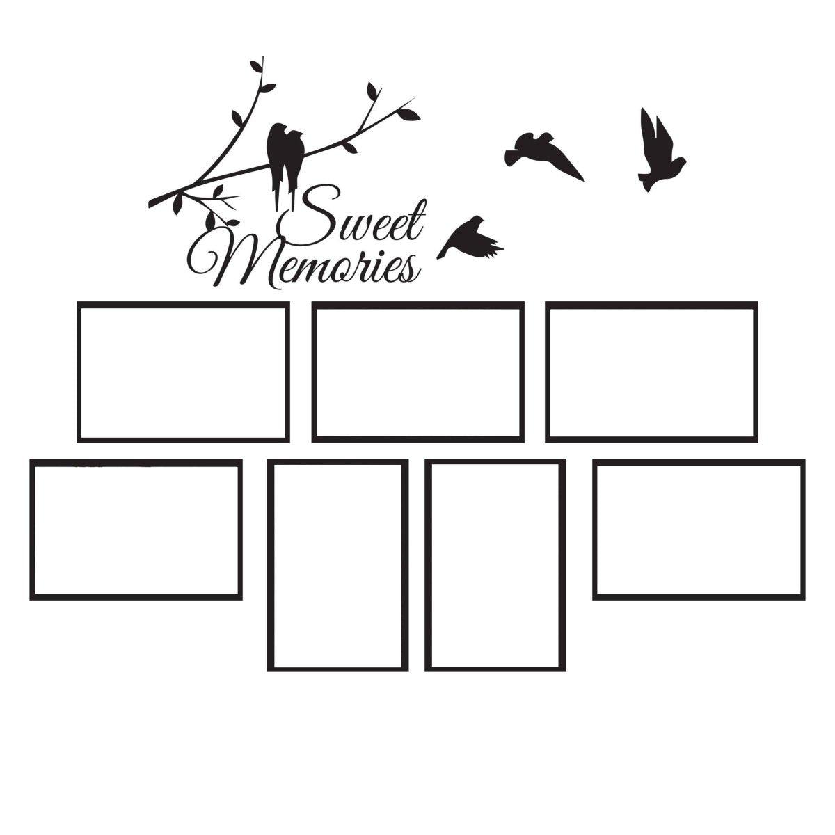 Vinyl wall decal featuring 'Sweet Memories' with picture frames and birds for stylish home decor.