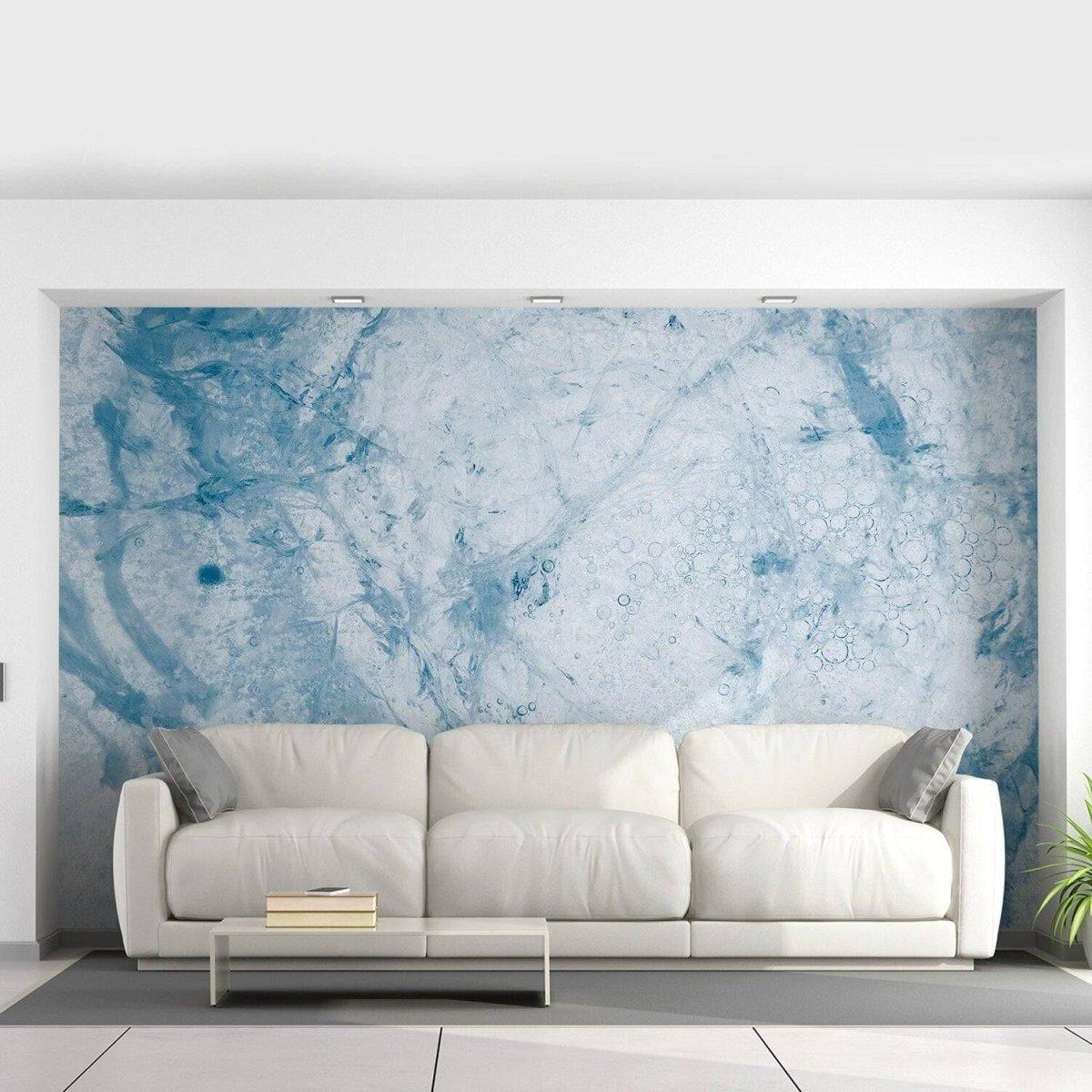 Stylish living room with self-adhesive blue marble effect wallpaper, enhancing the modern interior decor.