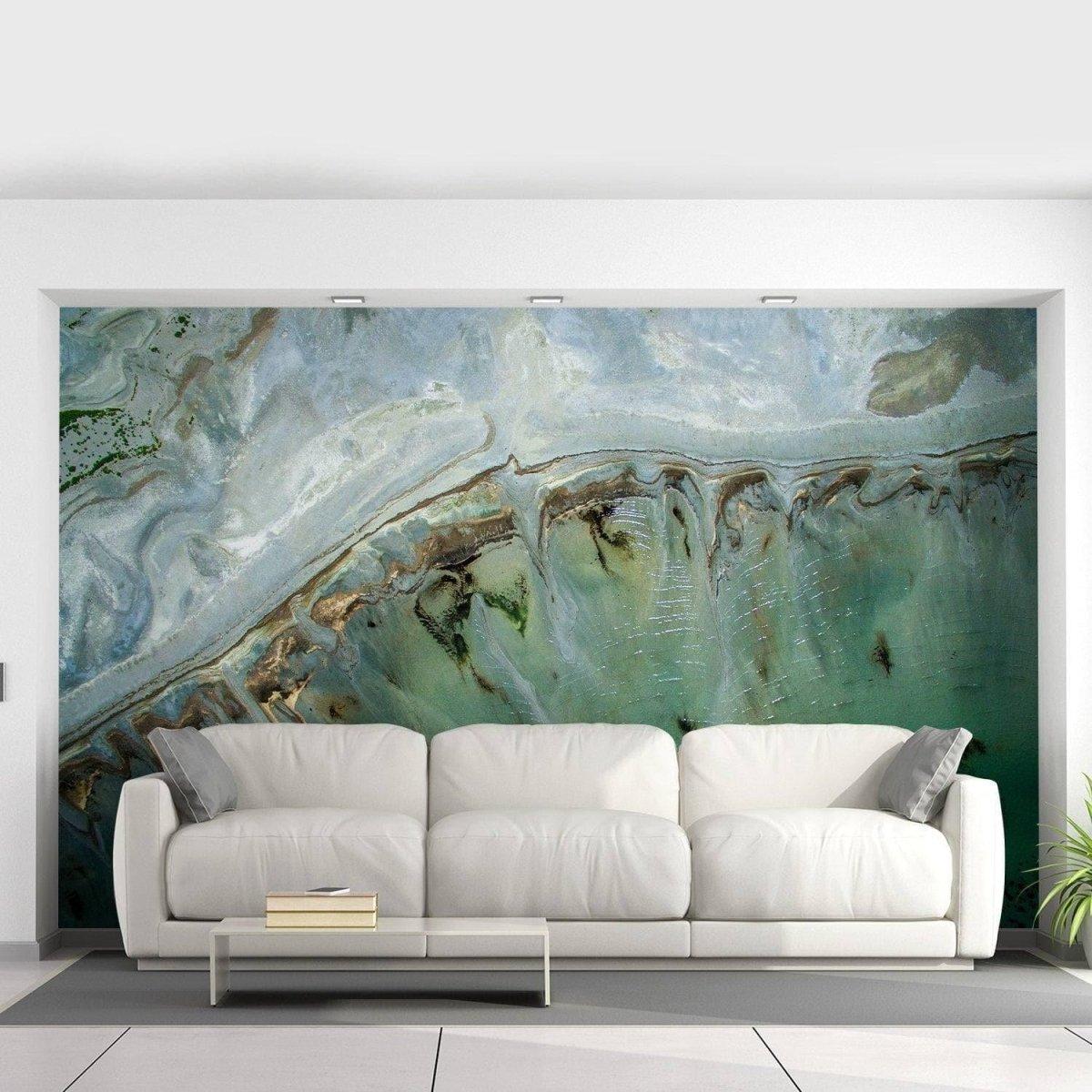 Chic marble design self-adhesive wallpaper accent wall behind a modern white sofa, showcasing stunning stone effect.