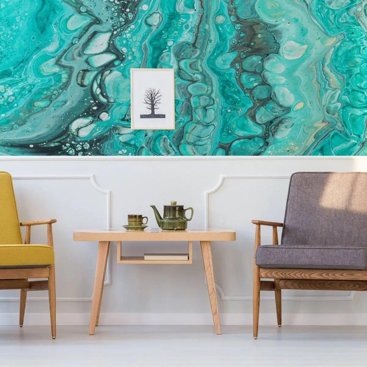 Contemporary living room with turquoise marble wallpaper and stylish furniture.