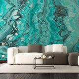 Luxurious turquoise marble pattern wallpaper with modern sofa and coffee table.