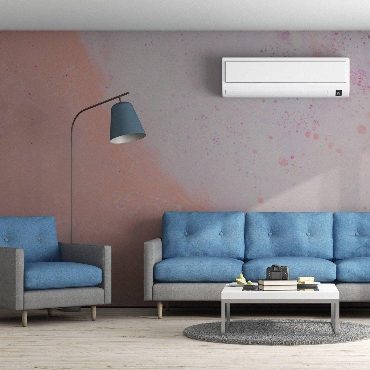 Elegant Marble Self-Adhesive Wallpaper in a modern living room with blue sofas and stylish decor.