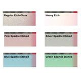 Color options for frosted glass decals: Regular Etch, Heavy Etch, Pink Sparkle, Silver Sparkle, Blue Sparkle, Green Sparkle.