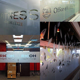Frosted glass decals with various designs for office privacy and elegance, showcasing fitness and office spaces.