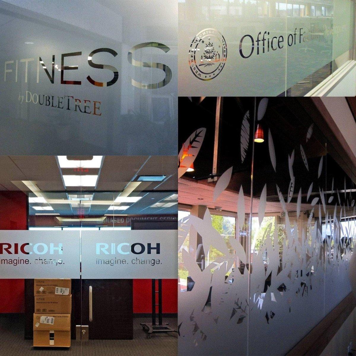 Stylish glass decals showcasing elegant privacy designs for office and fitness spaces.