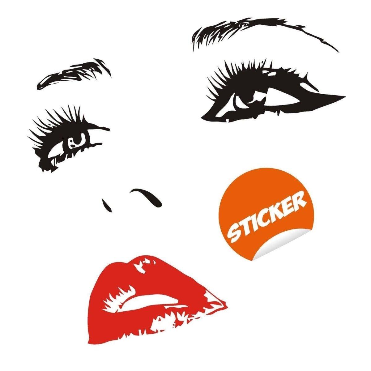 Woman face wall decal featuring elegant eyes and red lips.