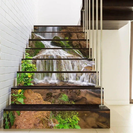 Stylish staircase wall decal featuring a beautiful waterfall design, adding artistic flair to home decor.