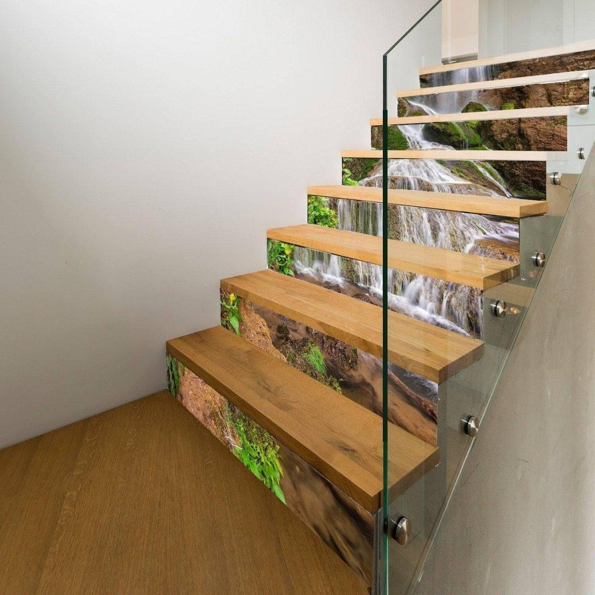 Stylish staircase wall decals featuring 3D nature design with rocks and greenery, enhancing home décor.