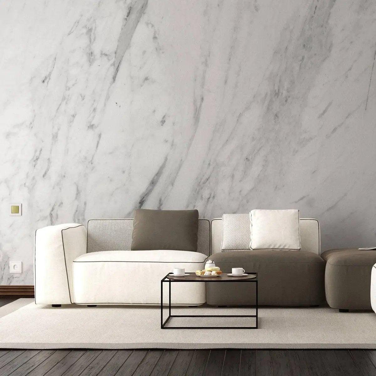 Stylish living room with marble-pattern adhesive wallpaper and modern furniture, creating an elegant ambiance.
