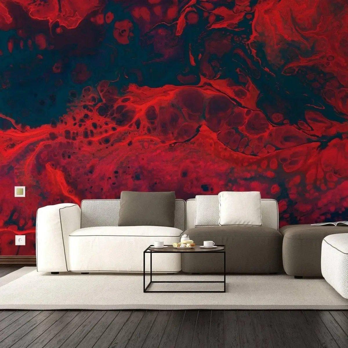 Stylish living room featuring chic red and blue faux stone wall covering with modern furniture.