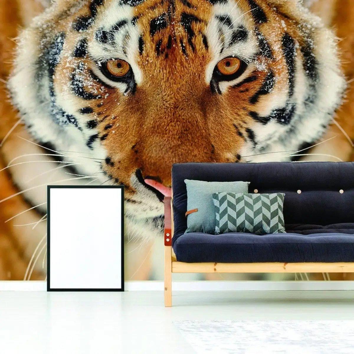 Stunning tiger wall decal showcasing exotic elegance in a modern living room setting.
