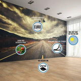 Road landscape wall mural illustrating European material, sharp printing, strong adhesive and resistance to fading in sunlight.