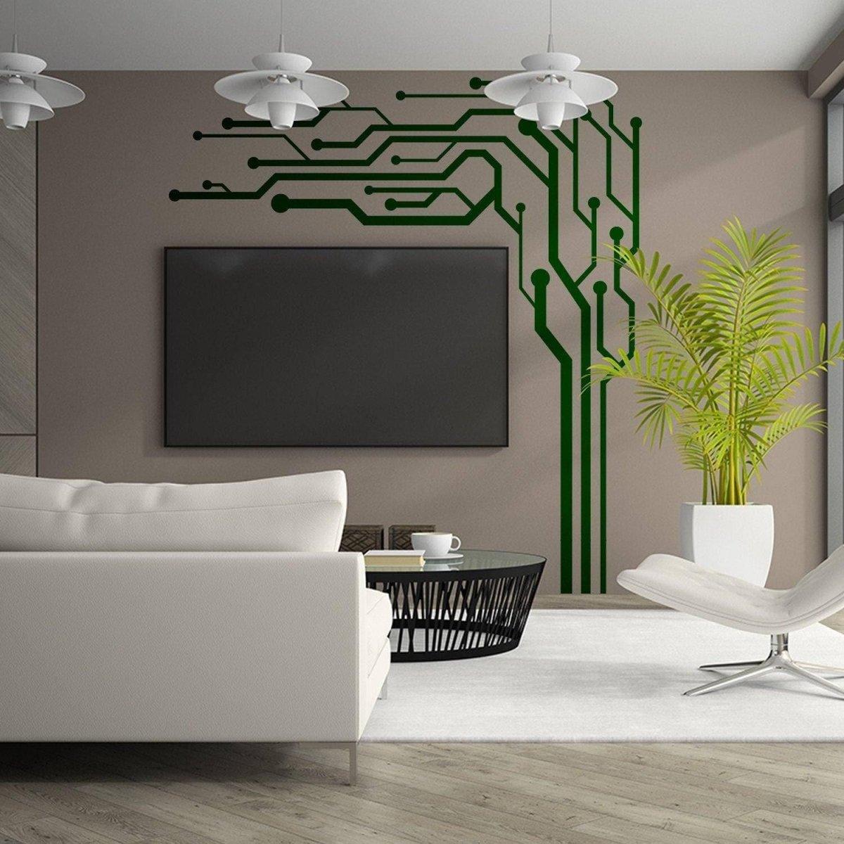 Stylish wall art decals featuring a circuit design on a living room wall, enhancing modern decor with green accents.