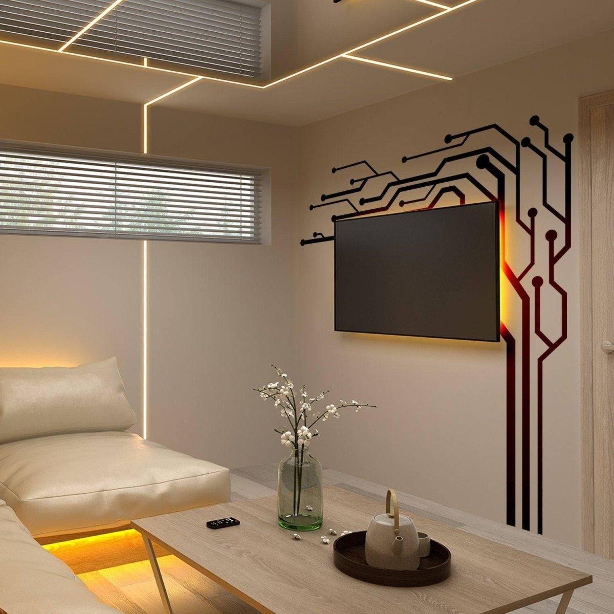Stylish wall art decals featuring a circuit design complementing a modern living room with TV.
