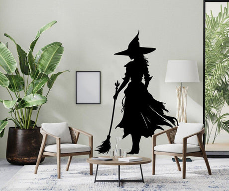 Witch silhouette decal in a stylish living room, adding Halloween charm and spooky elegance to the decor.