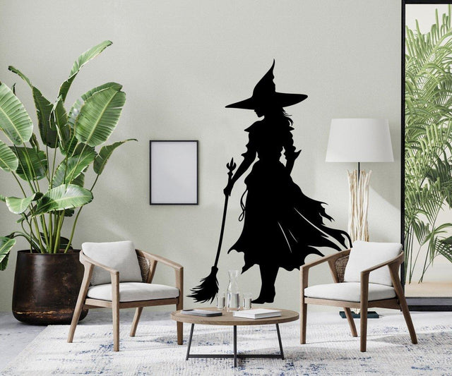 Witch silhouette decal in a stylish living room, adding Halloween charm and spooky elegance to the decor.