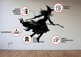 Flying broom figure silhouette decal with product features and application information.