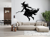Alternate room view of the flying broom figure silhouette wall decal.