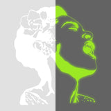 Luminous wall art depicting a woman singing, with a vibrant green glow against a gray and white background.