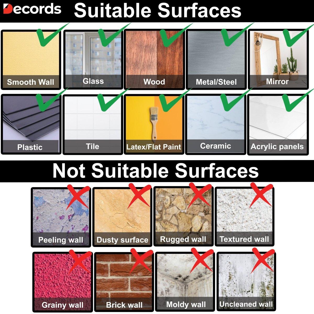 Graphic showing suitable and unsuitable surfaces for wall decals, including textures and wall types.