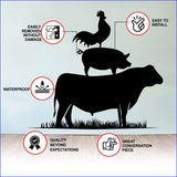 Stacked rooster, pig and cow silhouette wall decal with waterproof and installation feature icons.