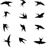 Black silhouette bird decals in various flying positions for window safety and decoration.