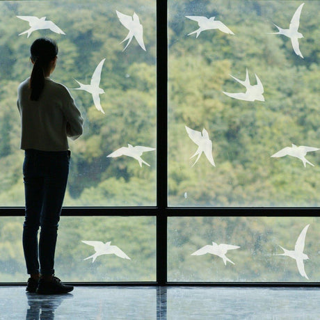 Woman admiring FeatherGuard bird-safe window decals in modern interior design.