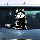 Feline fun rear window car decal featuring a cartoon cat with a cheeky expression on a vehicle.
