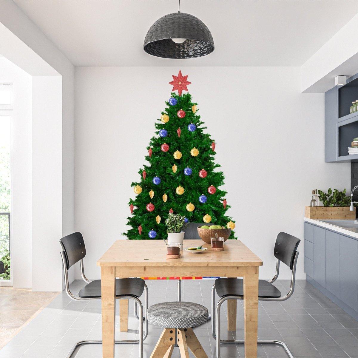 Festive Christmas tree wall decal in modern kitchen, decorated with colorful ornaments, enhancing holiday cheer.