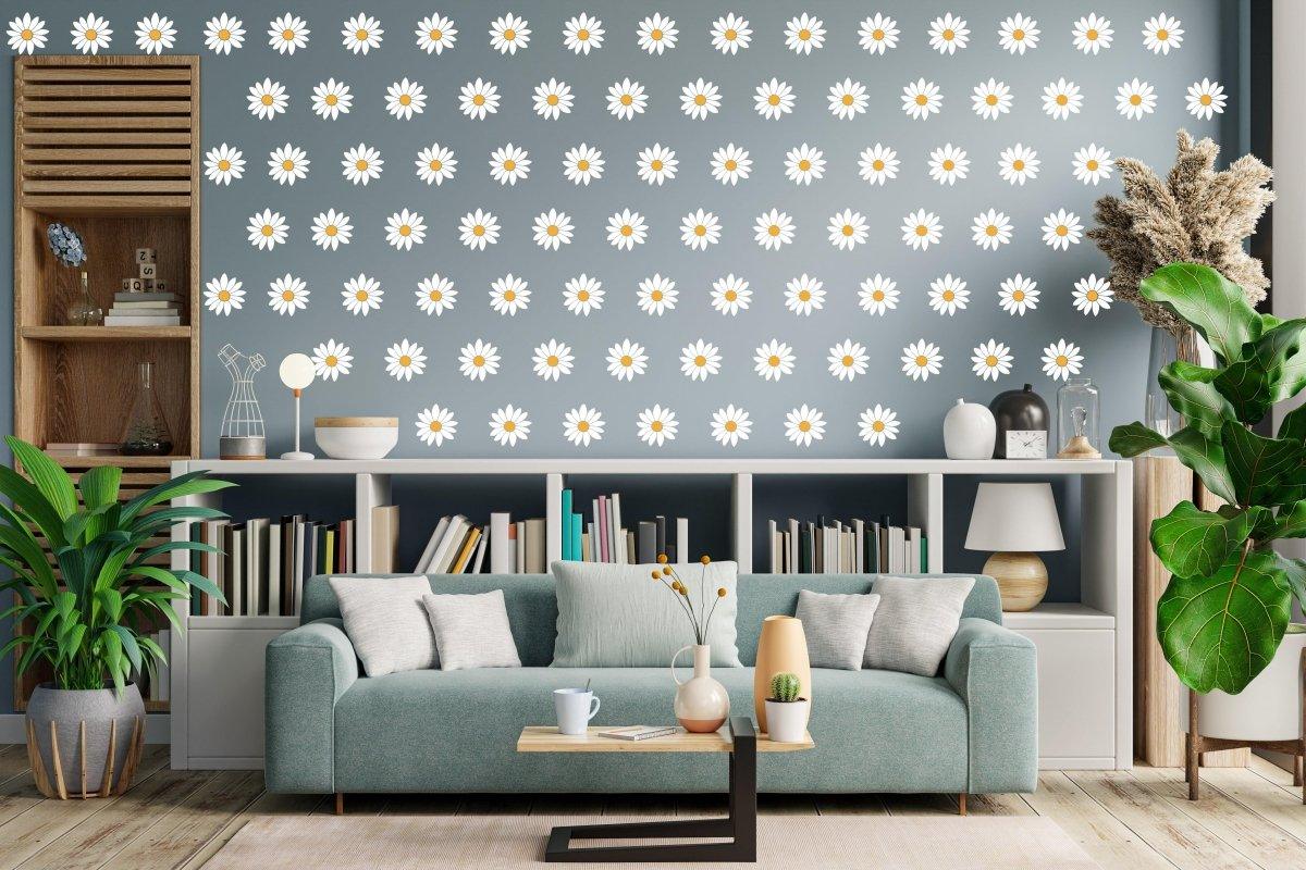 Cozy living room with daisy wall decals, brightening the space with floral vinyl stickers.