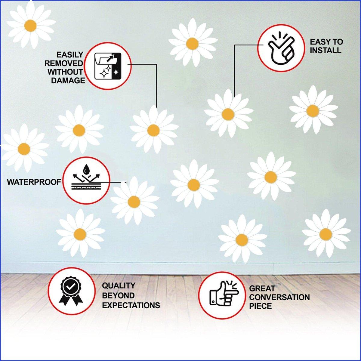White daisy wall decals on a sage wall with icons describing waterproof, removable and easy-install vinyl.
