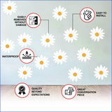 White daisy wall decals on a sage wall with icons describing waterproof, removable and easy-install vinyl.