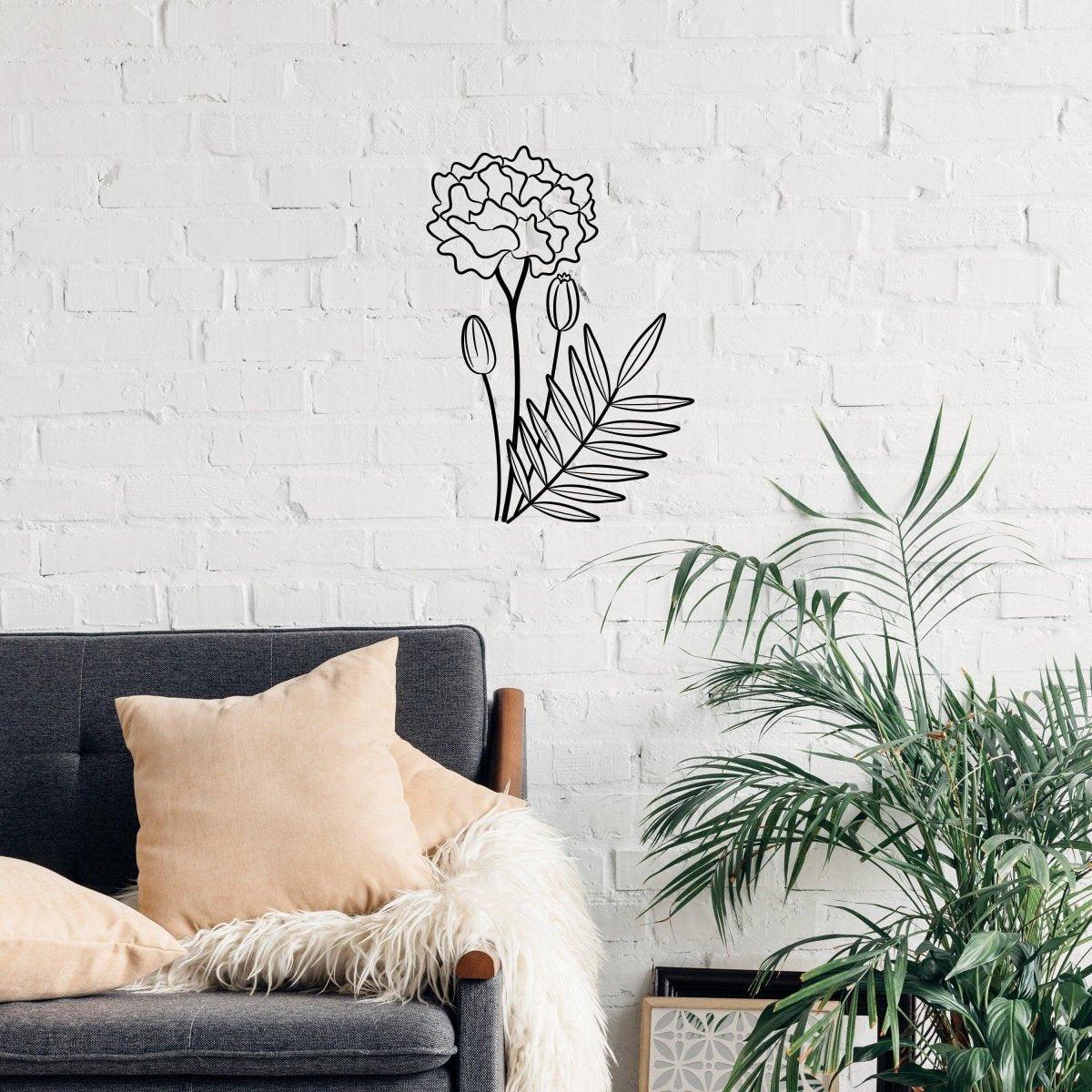 Elegant birth flower decal sticker of a floral design on a white brick wall above a cozy sofa.